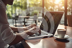 Man working in cafe, using laptop. Typing on keyboard. Generative AI