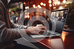 Man working in cafe, using laptop. Typing on keyboard. Generative AI