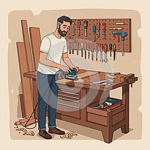 A man is working in a carpentry workshop, using a power tool on a wooden
