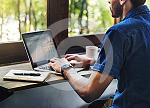 Man Working Coffee Shop Connecting Laptop Concept