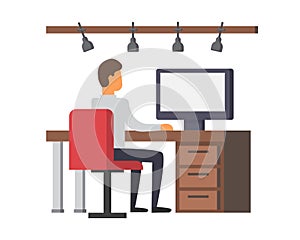 Man working on computer. Business office vector