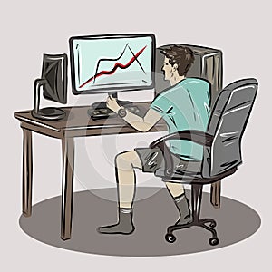 A man is working at a computer. Computer game, trading, stocks. Freelancer, programmer. Home comfort, computer. Isolated vector