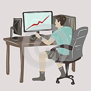 A man is working at a computer. Computer game, trading, stocks. Freelancer, programmer. Home comfort, computer. Isolated vector