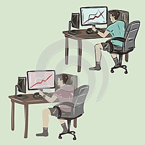 A man is working at a computer. Computer game, trading, stocks. Freelancer, programmer. Home comfort, computer. Isolated vector