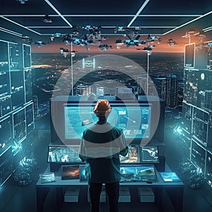 a man working on a computer in a cyber room