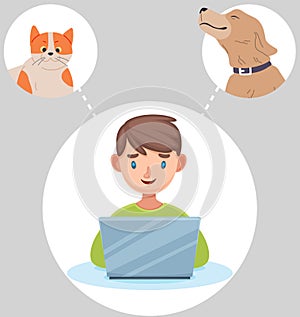 Man working with computer dreams obout pet. Guy sitting at workplace, thinking of domestic animals