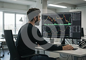 Man working on a computer with financial charts displayed on the screen