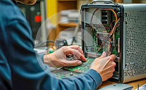 A man is working on a computer, fixing a broken part