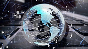 Man working on computer keyboard with graphic of internet networ