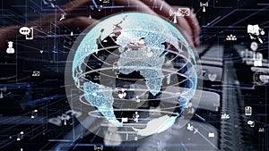 Man working on computer keyboard with graphic of internet networ