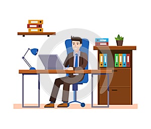 Man working with computer laptop flat design. businessman man at table, character work manager vector illustration
