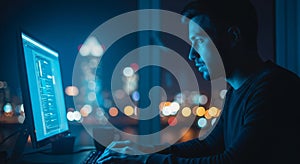 Man Working on Computer at Night with City Lights in Background coding programming