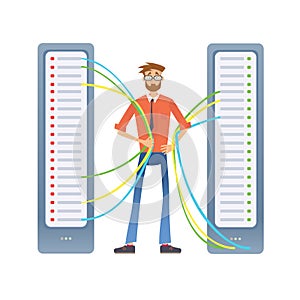 A man working with a computer server or a render farm. Technical specialist in the data center. Vector illustration