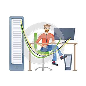A man working with a computer server or a render farm. Technical specialist in the data center. Vector illustration