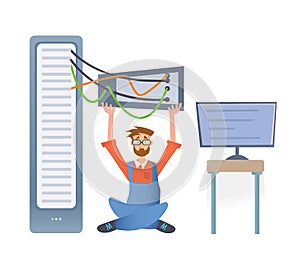 A man working with a computer server or a render farm. Technical specialist in the data center. Vector illustration