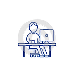 Man working at computer at table line icon concept. Man working at computer at table flat vector symbol, sign, outline