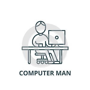 Man working at computer at table vector line icon, linear concept, outline sign, symbol