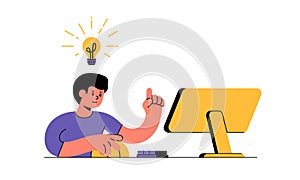 Man is working at a computer, use a computer mouse and typing on keyboard and idea comes to him in form of abstract light bulb