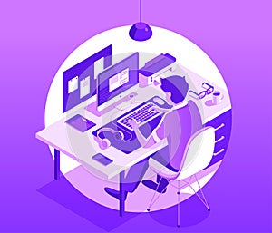 A man working on the computer. Workspace concept. Isometric 3d vector illustration.