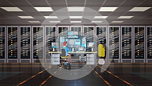 Man Working In Data Center Room Hosting Server Computer Monitoring Information Database