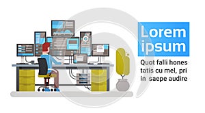 Man Working In Data Center Room Hosting Server Computer Monitoring Information Database