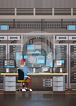 Man Working In Data Center Room Hosting Server Computer Monitoring Information Database