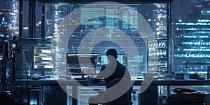Man working at a desk with multiple computer screens displaying data and charts