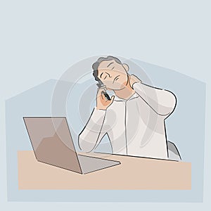 Man working on desk while talking on the phone with neck sprain