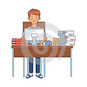 Man working with desktop in desk and pile documents