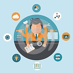 Man working on different projects from his office. Self employment and multitasking concept. Flat vector photo