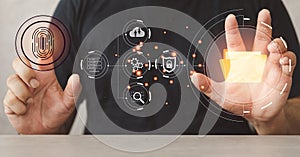 Man working document management system, online documentation database. Access data with fingerprint