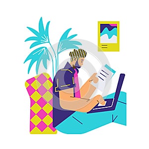 Man working with documents online at laptop, flat vector illustration isolated.