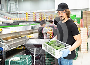 Man working at fruit warehouse carrying avocados