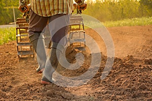 Man working in the garden with garden tiller. Garden tiller to w