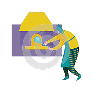 Man Working with Glass, Male Glassblower or Glassworker Character Melting Glass in Furnace, Hobby or Profession Vector