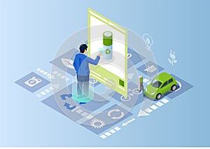 Man working with green nature friendly technology. Integration of technologies for energy production