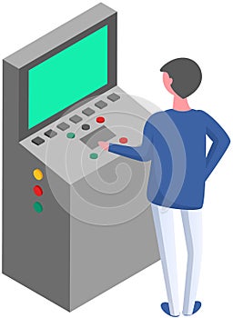 Man working with industrial electronic device. Worker pressing button at control panel computer