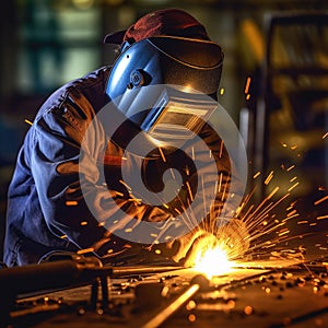 Man is working on an industrial machine with welding torch. He is focused and intentional as he operates equipment to cut through