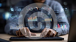 Man working on keyboard analyzing data dashboard interface