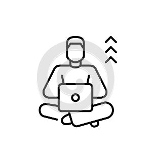 Man working at laptop with arrows behind her. Career growth and success at remote jobs. Pixel perfect icon