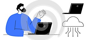 Man Using Laptop with Cloud Computing and Data Sharing Concept Visualization