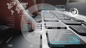 Man working on laptop computer keyboard with graphic user interface GUI hologram