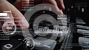 Man working on laptop computer keyboard with graphic user interface GUI hologram