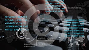 Man working on laptop computer keyboard with graphic user interface GUI hologram