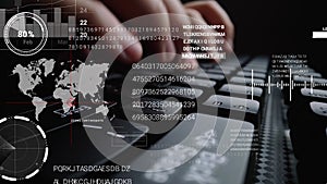 Man working on laptop computer keyboard with graphic user interface GUI hologram