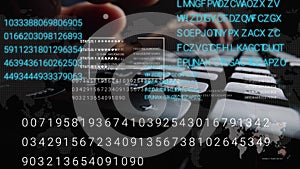 Man working on laptop computer keyboard with graphic user interface GUI hologram