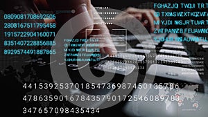 Man working on laptop computer keyboard with graphic user interface GUI hologram
