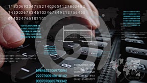 Man working on laptop computer keyboard with graphic user interface GUI hologram