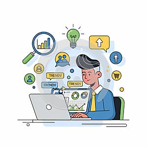 Man working on laptop with data visualization