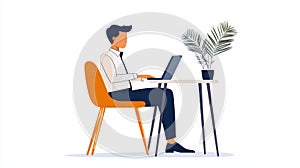 Man working on laptop at desk with plant